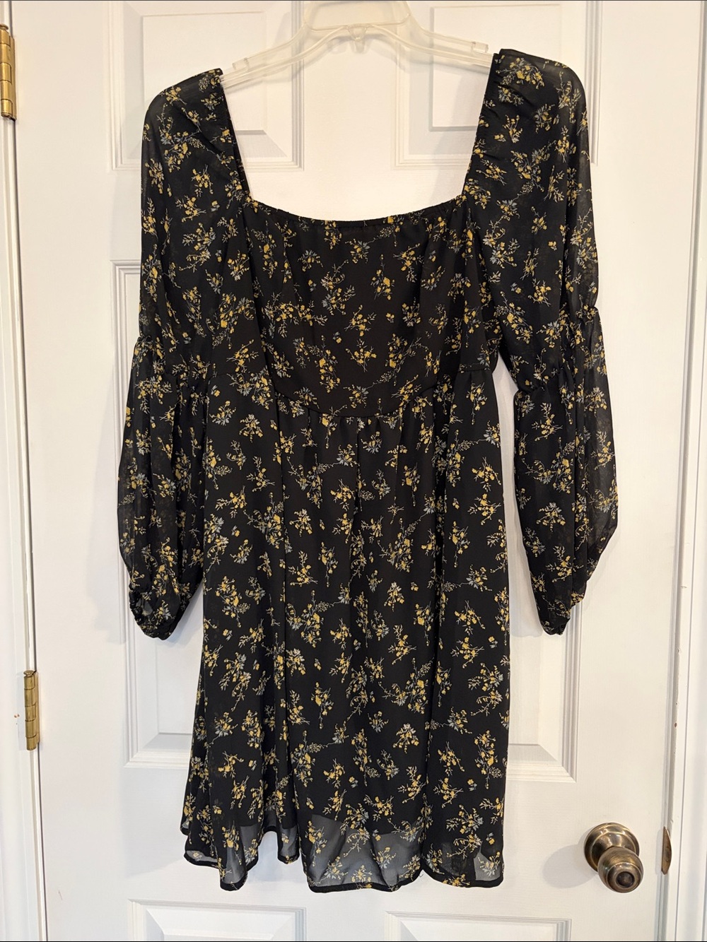 Amazon Black Floral Square-Neck Long Sleeve Dress with Yellow Print